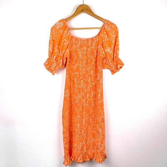 Faithfull The Brand Shirred Orange Stevie Floral Crepe Midi Dress Women’s US 2 - Picture 3 of 8